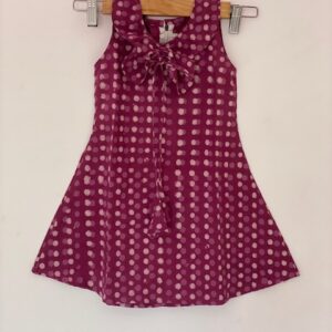 Polka Dress for girls in Purple Handblock printed cotton with front knots