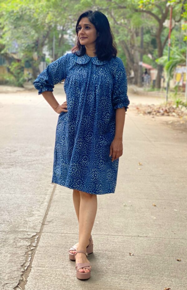 Knee length indigo block printed dress by Pali