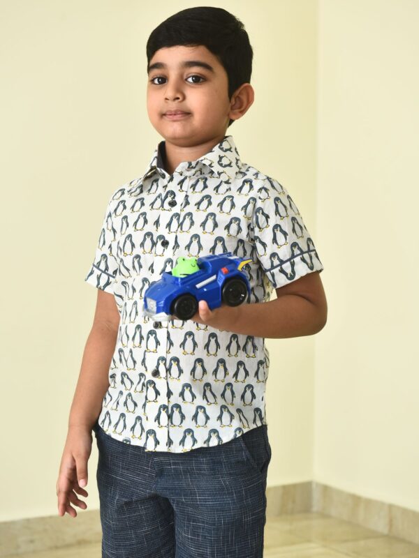 Block printed penguin shirt for boys