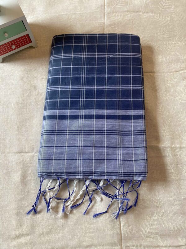 Dark blue checked cotton saree