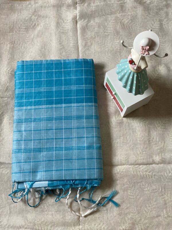 Light blue checked cotton saree