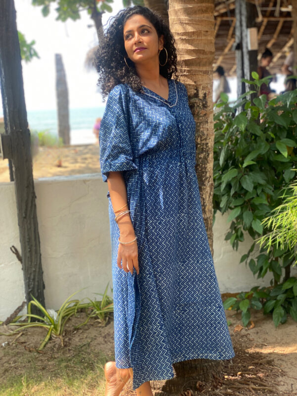 Girl wearing a indigo kaftan in Goa beaches