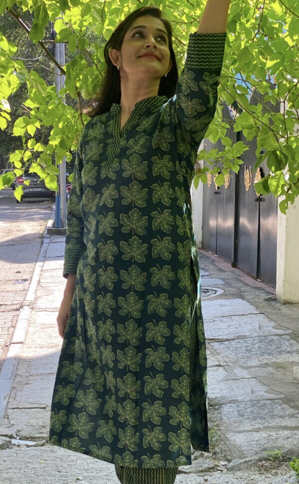 Bottle Green Kurta in Handblock prints