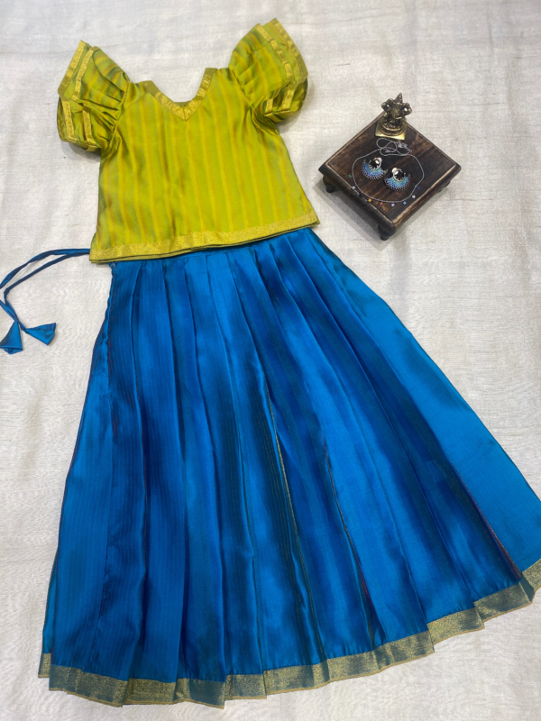 Yellow-Blue Pavadai-Sattai in Bamboo silk