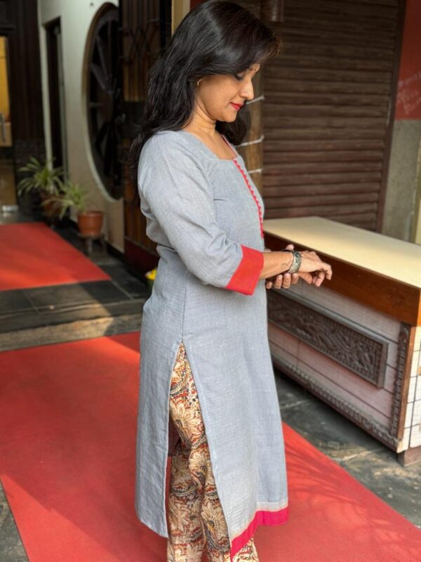 Stylish grey kurta for festive wear with a twist of red borders