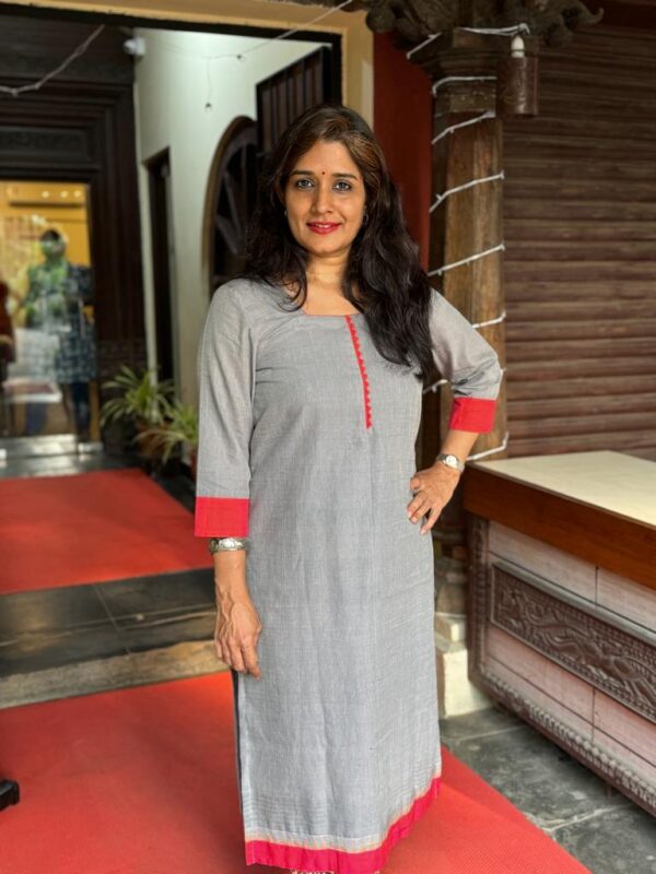 Stylish grey kurta for festive wear with a twist of red borders