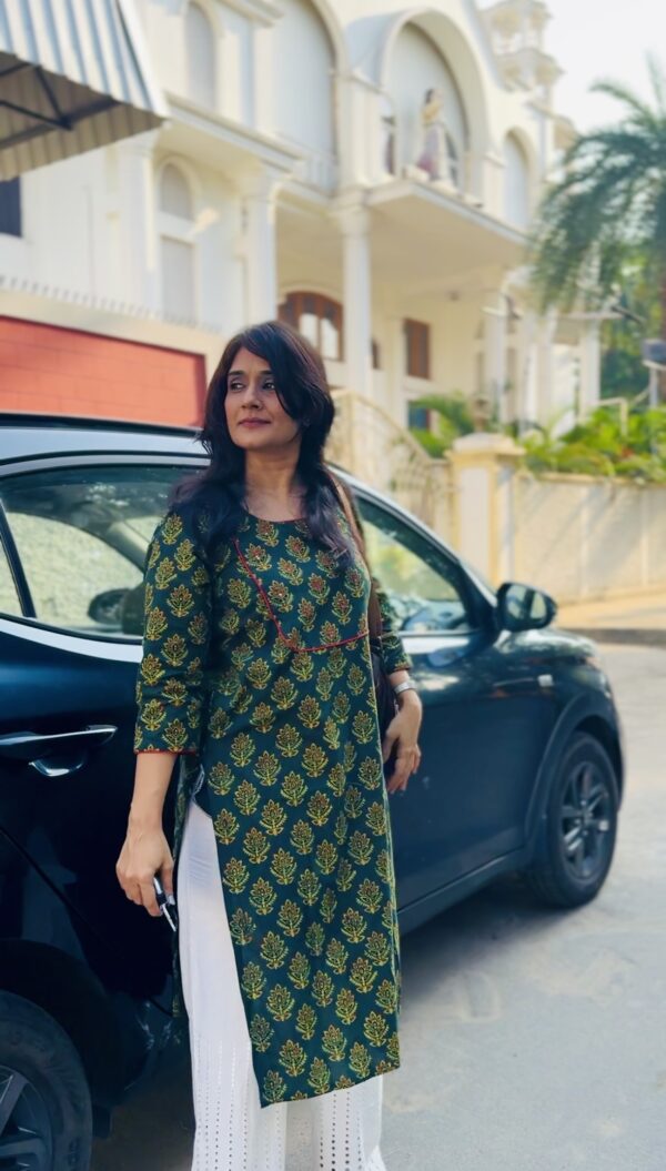 Woman in ajrakh kurta as work-wear