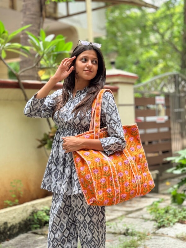 orange quilted cotton tote bag