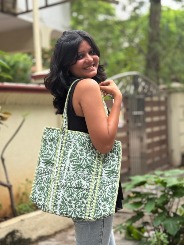quilted cotton tote bag green