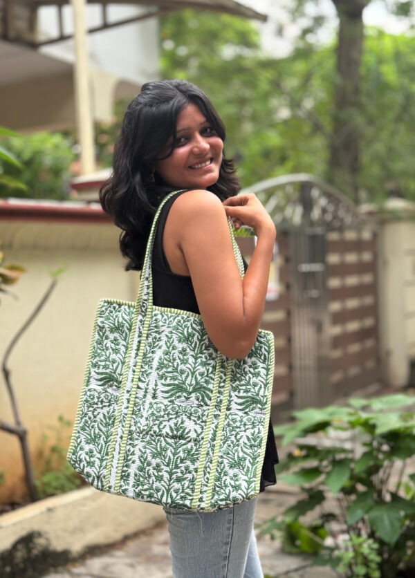 quilted cotton tote bag green