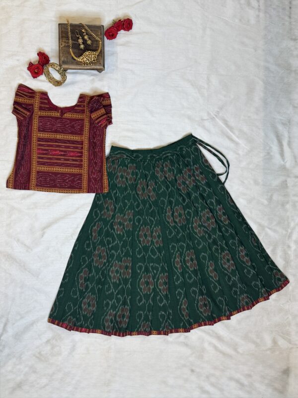 green and maroon pavadai sattai in sambalpuri ikkat cotton