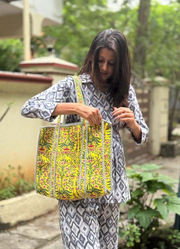 yellow quilted cotton tote bag