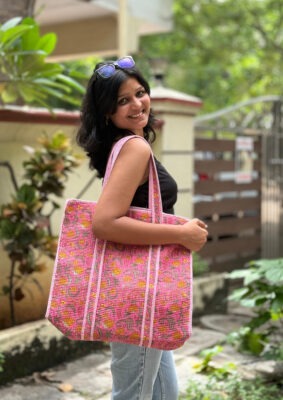 Quilted cotton tote bag pink