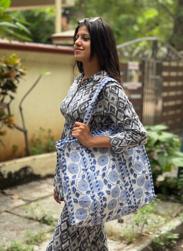 Blue quilted cotton tote bag