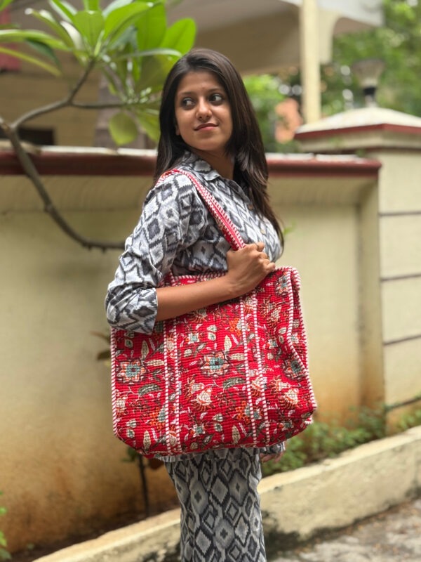 Red quilted cotton tote bag