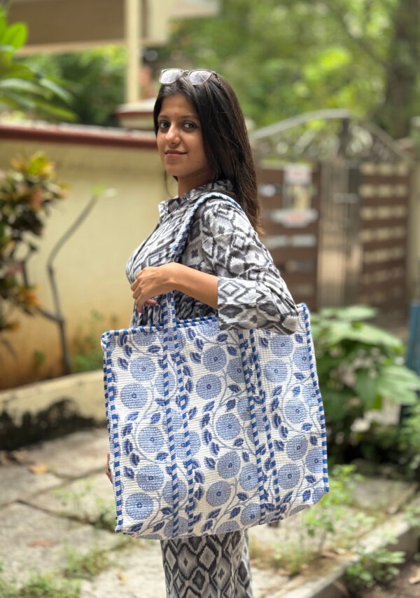 Blue quilted cotton tote bag