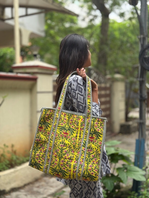 yellow quilted cotton tote bag