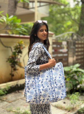 Blue quilted cotton tote bag