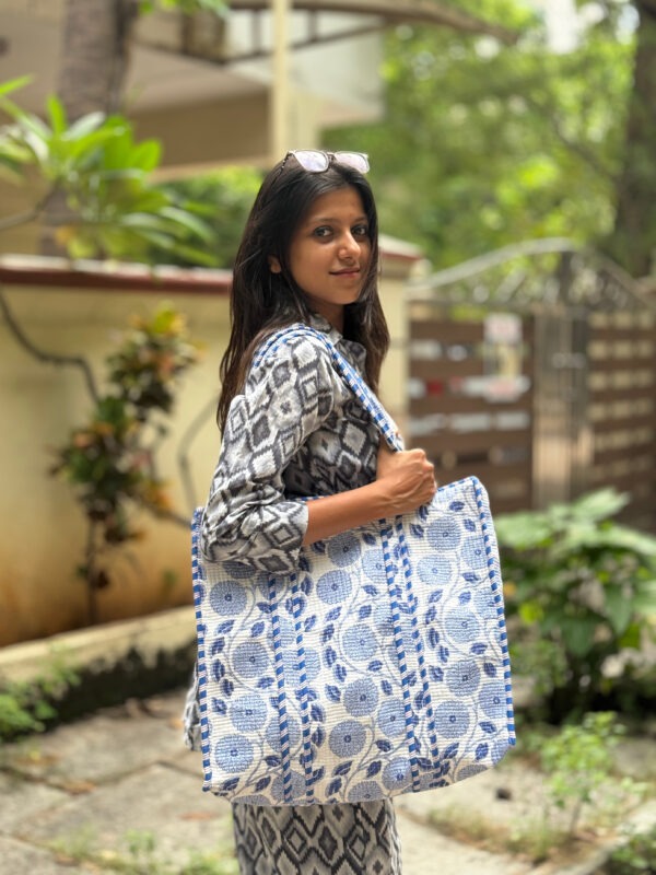 Blue quilted cotton tote bag